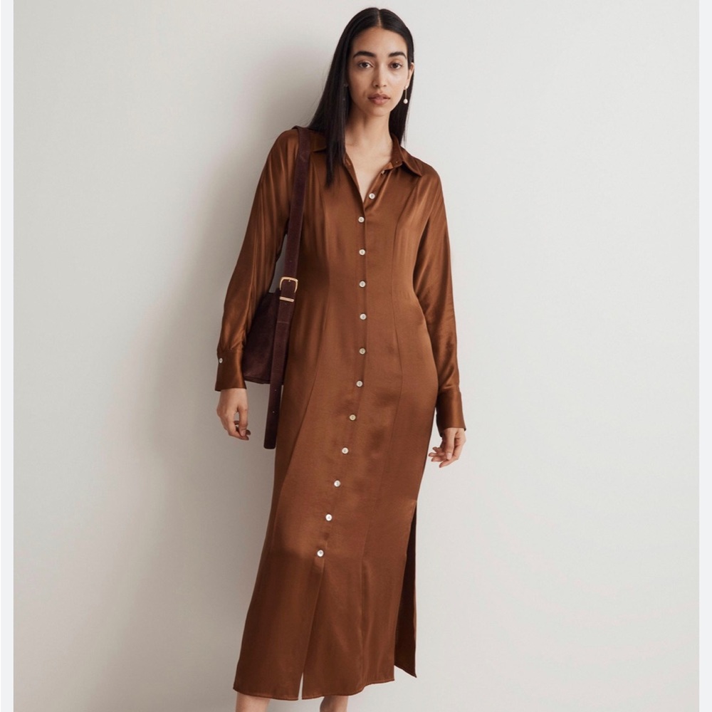 Satin midi button front shirt dress madewell